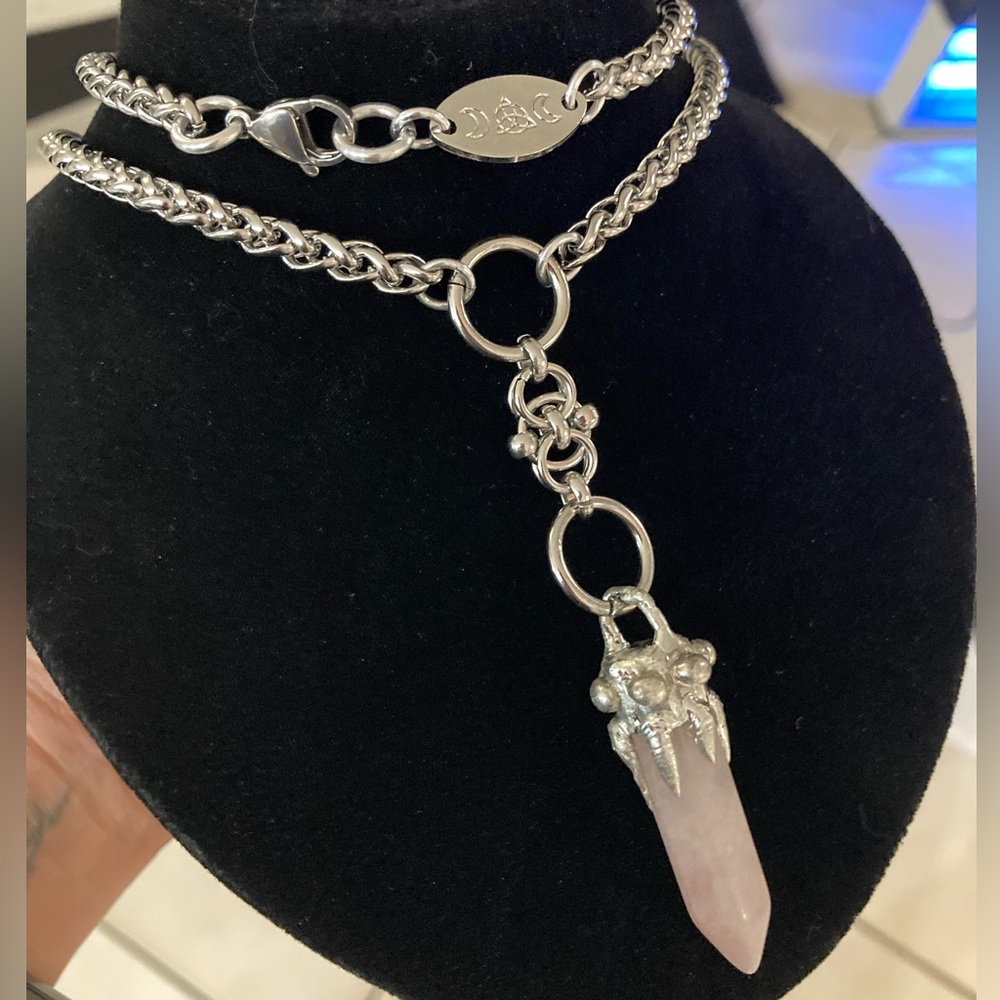 Genuine rose quartz bullet stainless steel maille celtic knot lariat Y necklace - Picture 6 of 16